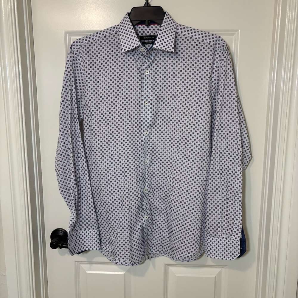 Bugatchi Blue White Geometric Button-Down Long Sleeve Shirt Men’s M Shaped Fit